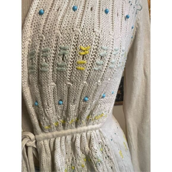 Anthropologie Moth Lazuli Beaded White Tie Front Linen Blend Cardigan Sweater S - Picture 8 of 13